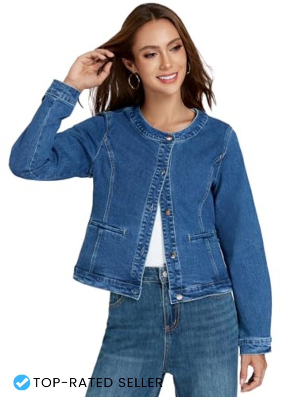 Cropped Denim Jacket for Women Stretch Collarless Slim Jean Jacket Casual